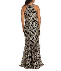 R & M Richards Sleeveless Keyhole Halter Neck Glitter Lace Long Dress