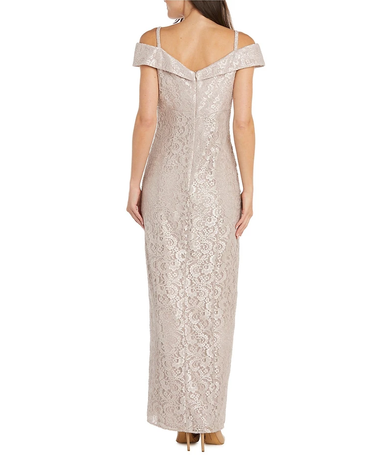R & M Richards Sleeveless Off-The-Shoulder Rhinestone Detail Sweetheart Neck Front Slit Lace Glitter Gown