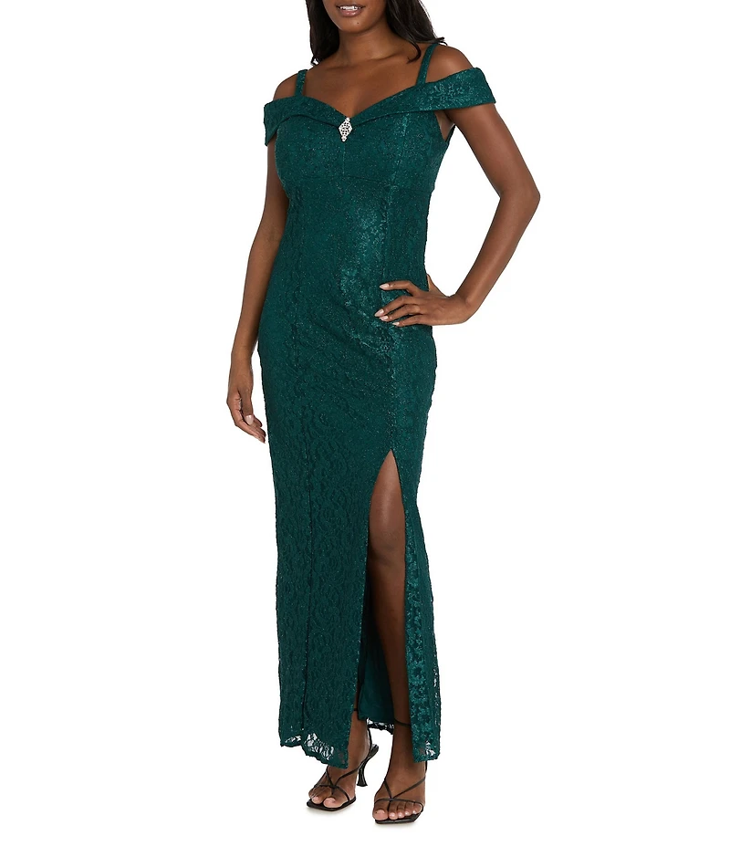 R & M Richards Sleeveless Off-The-Shoulder Rhinestone Detail Sweetheart Neck Front Slit Lace Glitter Gown