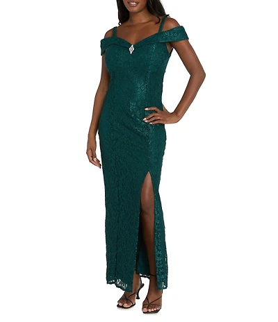 R & M Richards Sleeveless Off-The-Shoulder Rhinestone Detail Sweetheart Neck Front Slit Lace Glitter Gown