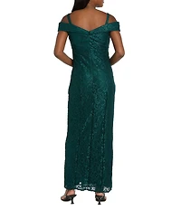 R & M Richards Sleeveless Off-The-Shoulder Rhinestone Detail Sweetheart Neck Front Slit Lace Glitter Gown