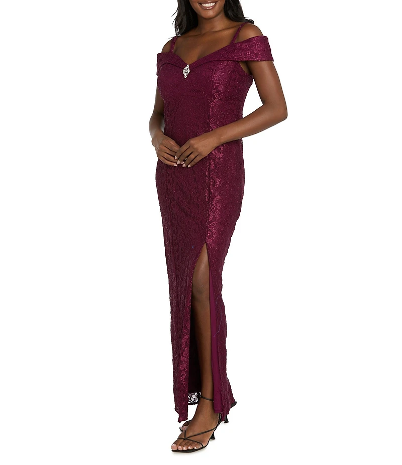 R & M Richards Sleeveless Off-The-Shoulder Rhinestone Detail Sweetheart Neck Front Slit Lace Glitter Gown