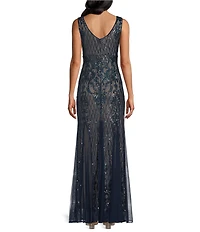 R & M Richards Sleeveless V-Neck Godet Skirt Embellished Long Sequin Gown