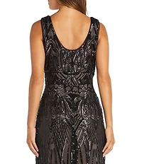 R & M Richards Sleeveless V-Neck Godet Skirt Embellished Long Sequin Dress