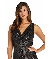 R & M Richards Sleeveless V-Neck Godet Skirt Embellished Long Sequin Dress