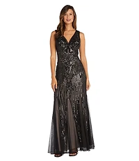 R & M Richards Sleeveless V-Neck Godet Skirt Embellished Long Sequin Dress