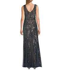 R & M Richards Sleeveless V-Neck Godet Skirt Embellished Long Sequin Dress