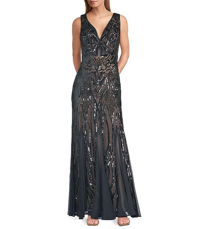 R & M Richards Sleeveless V-Neck Godet Skirt Embellished Long Sequin Dress
