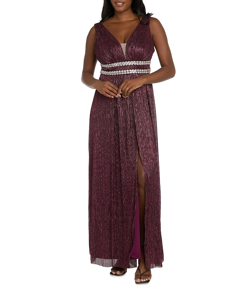 R & M Richards Sleeveless V-Neck Rhinestone Waist Dress