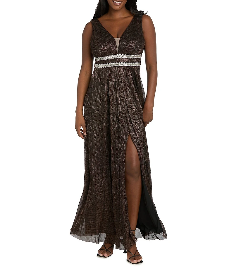 R & M Richards Sleeveless V-Neck Rhinestone Waist Dress