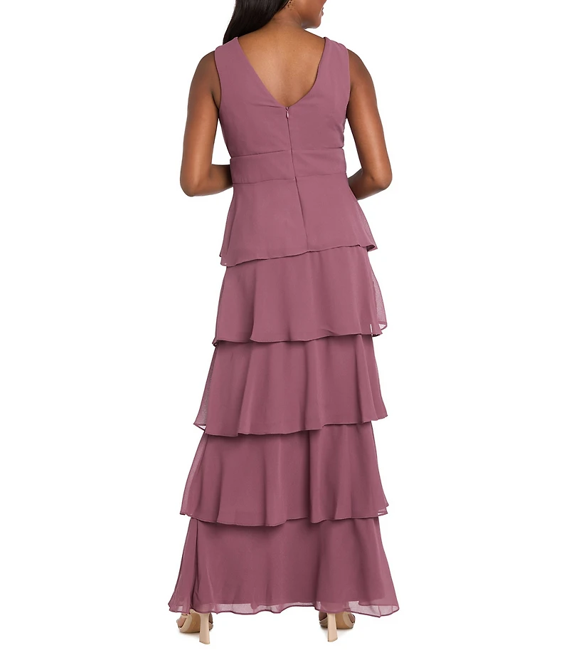 R & M Richards Sleeveless V-Neck Tiered Skirt Front Slit Dress