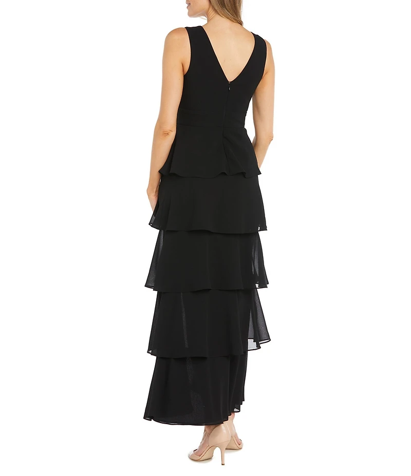 R & M Richards Sleeveless V-Neck Tiered Skirt Front Slit Dress