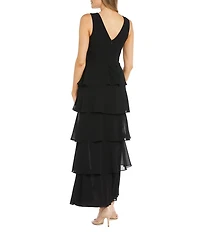 R & M Richards Sleeveless V-Neck Tiered Skirt Front Slit Dress