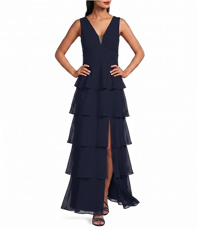 R & M Richards Sleeveless V-Neck Tiered Skirt Front Slit Dress