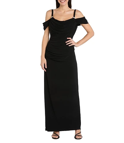 R & M Richards Solid ITY Cowl Scoop Neck Cold Shoulder Rhinestone Strap Gown