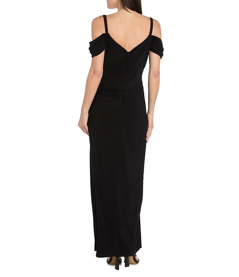 R & M Richards Solid ITY Cowl Scoop Neck Cold Shoulder Rhinestone Strap Gown