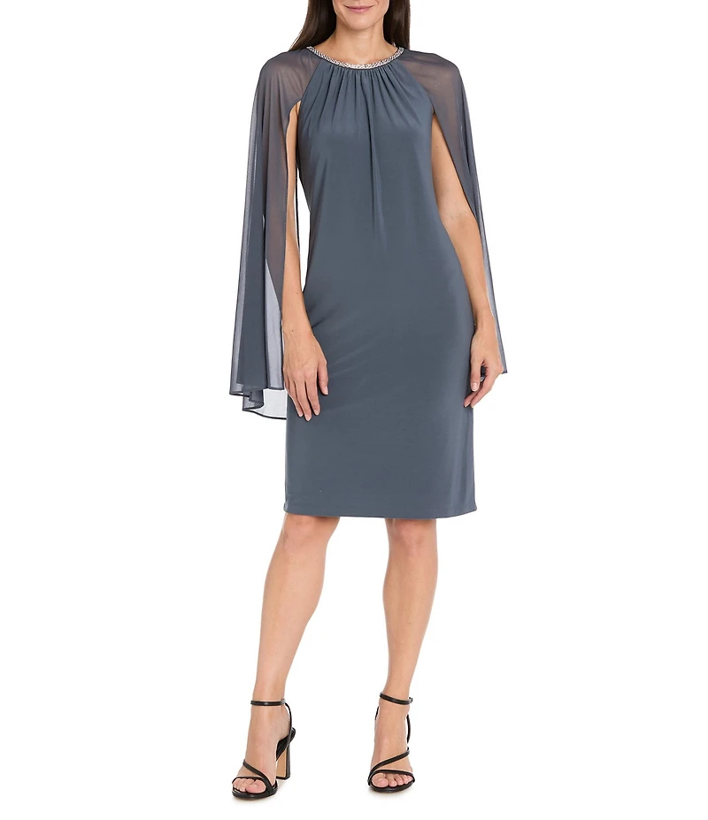 R & M Richards Solid ITY Rhinestone Neckline Chiffon Capelet Overlay Sheath Dress