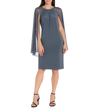 R & M Richards Solid ITY Rhinestone Neckline Chiffon Capelet Overlay Sheath Dress
