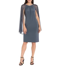 R & M Richards Solid ITY Rhinestone Neckline Chiffon Capelet Overlay Sheath Dress