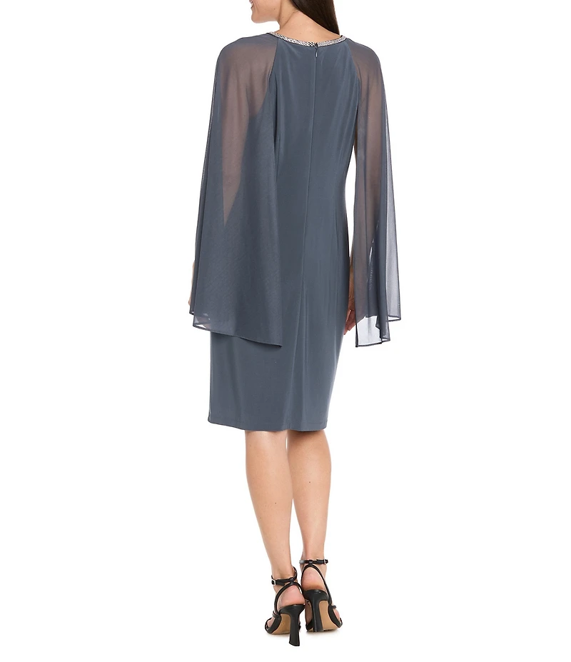 R & M Richards Solid ITY Rhinestone Neckline Chiffon Capelet Overlay Sheath Dress