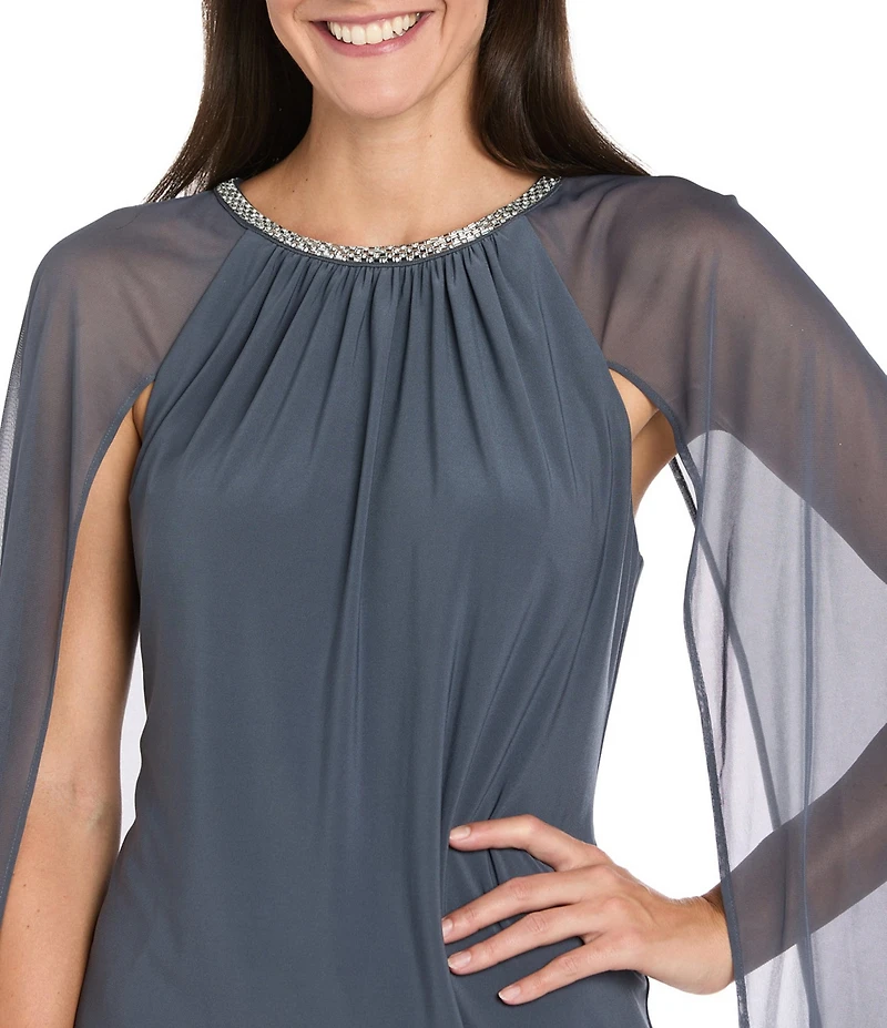 R & M Richards Solid ITY Rhinestone Neckline Chiffon Capelet Overlay Sheath Dress