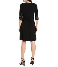 R & M Richards Solid ITY V-Neck Rhinestone Pearl Elbow Sleeve Fit And Flare Dress