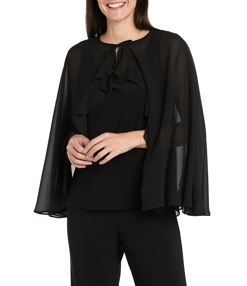R & M Richards Souffle Crepe Chiffon Ruffle Tie Front Cape Coverup