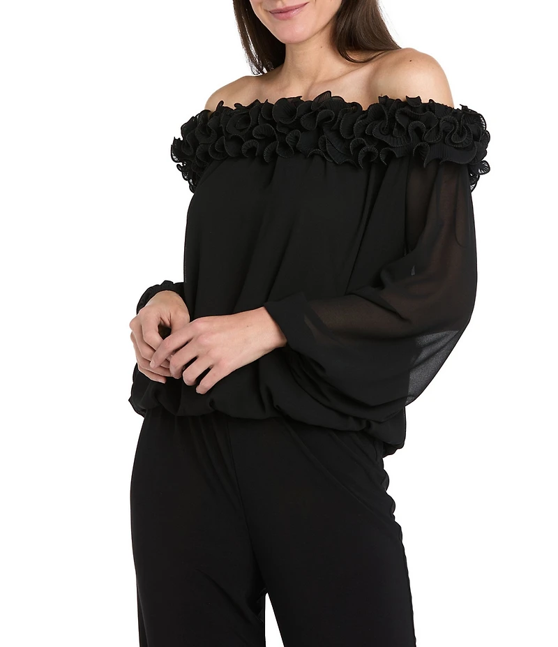 R & M Richards Souffle Crepe Chiffon Ruffle Trim Off The Shoulder Long Sleeve Blouson Top