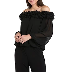 R & M Richards Souffle Crepe Chiffon Ruffle Trim Off The Shoulder Long Sleeve Blouson Top