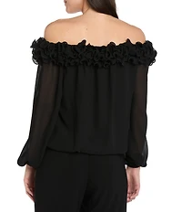 R & M Richards Souffle Crepe Chiffon Ruffle Trim Off The Shoulder Long Sleeve Blouson Top