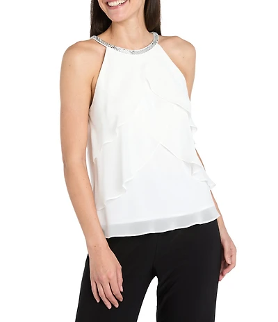 R & M Richards Souffle Crepe Chiffon Sleeveless Rhinestone Neck Petal Tiered Top