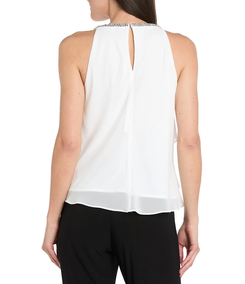 R & M Richards Souffle Crepe Chiffon Sleeveless Rhinestone Neck Petal Tiered Top