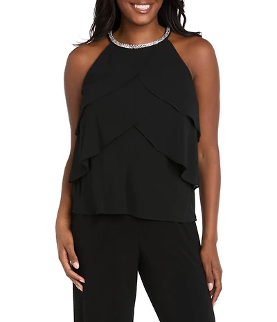 R & M Richards Souffle Crepe Chiffon Sleeveless Rhinestone Neck Petal Tiered Top