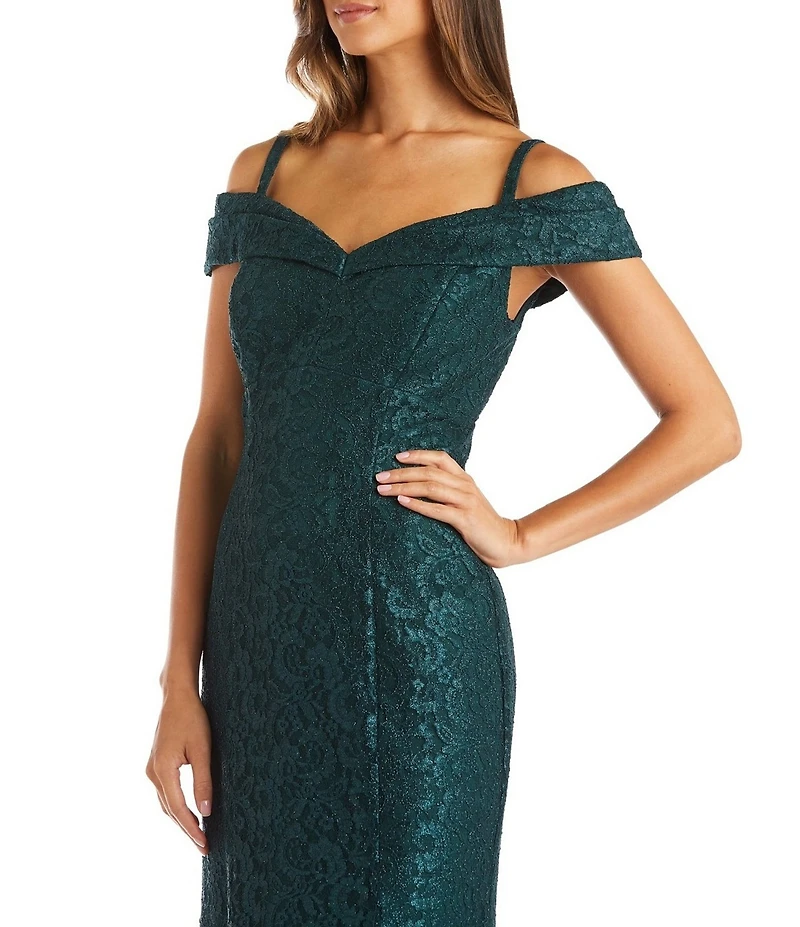 R & M Richards Stretch Lace Off-The-Shoulder Cold Shoulder Cap Sleeve Mermaid Gown