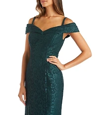 R & M Richards Stretch Lace Off-The-Shoulder Cold Shoulder Cap Sleeve Mermaid Gown