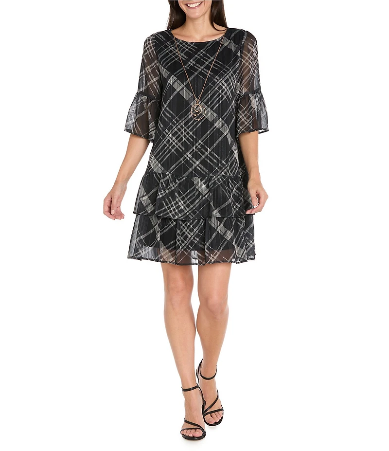 R & M Richards Stripe Wet Print Satin Chiffon Short Bell Sleeve Tiered Hem Sheath Dress