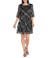 R & M Richards Stripe Wet Print Satin Chiffon Short Bell Sleeve Tiered Hem Sheath Dress