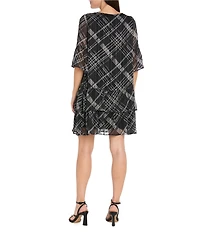 R & M Richards Stripe Wet Print Satin Chiffon Short Bell Sleeve Tiered Hem Sheath Dress