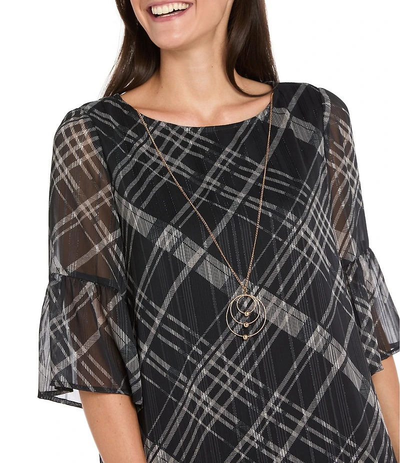 R & M Richards Stripe Wet Print Satin Chiffon Short Bell Sleeve Tiered Hem Sheath Dress