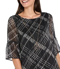 R & M Richards Stripe Wet Print Satin Chiffon Short Bell Sleeve Tiered Hem Sheath Dress