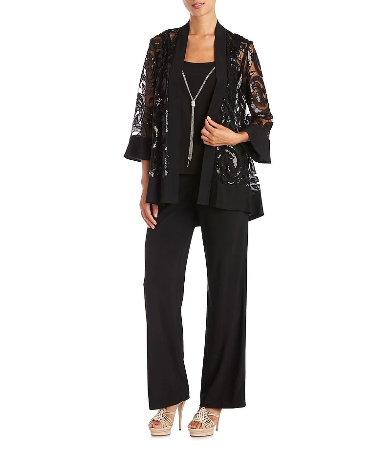 R & M Richards Swirl Sequin Scoop Neck 3/4 Sleeve Jacket 3-Piece Set