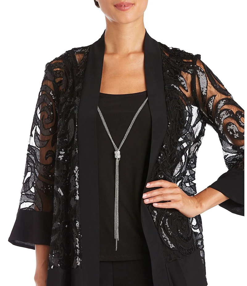 R & M Richards Swirl Sequin Scoop Neck 3/4 Sleeve Jacket 3-Piece Set