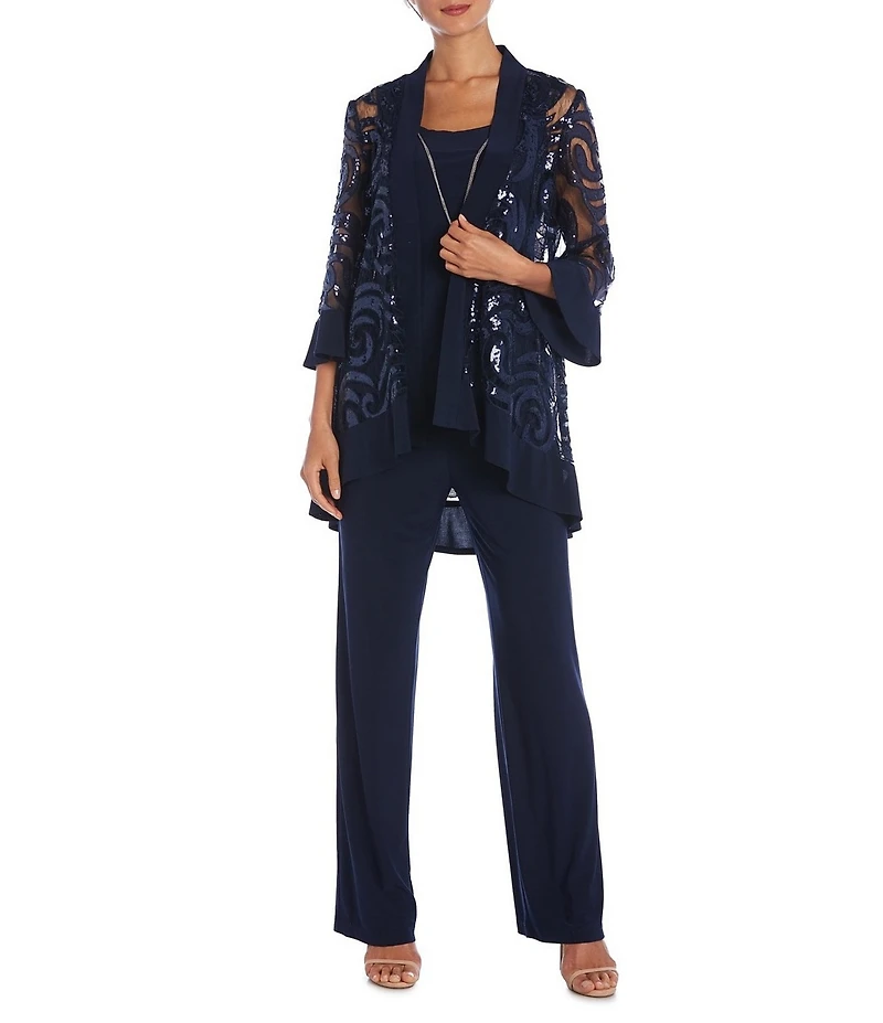 R & M Richards Swirl Sequin Scoop Neck 3/4 Sleeve Jacket 3-Piece Set