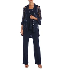 R & M Richards Swirl Sequin Scoop Neck 3/4 Sleeve Jacket 3-Piece Set