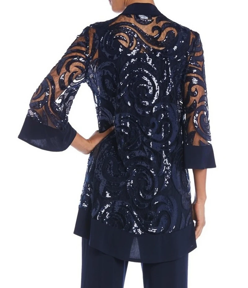 R & M Richards Swirl Sequin Scoop Neck 3/4 Sleeve Jacket 3-Piece Set