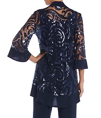 R & M Richards Swirl Sequin Scoop Neck 3/4 Sleeve Jacket 3-Piece Set