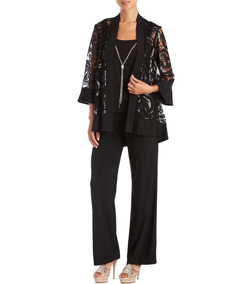 R & M Richards Swirl Sequin Scoop Neck 3/4 Sleeve Jacket 3-Piece Set