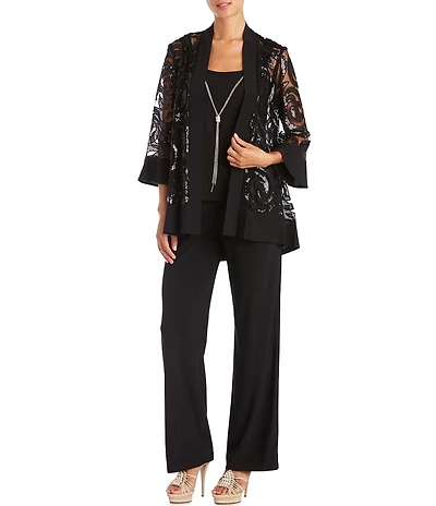 R & M Richards Swirl Sequin Scoop Neck 3/4 Sleeve Jacket 3-Piece Set