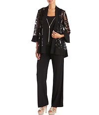 R & M Richards Swirl Sequin Scoop Neck 3/4 Sleeve Jacket 3-Piece Set