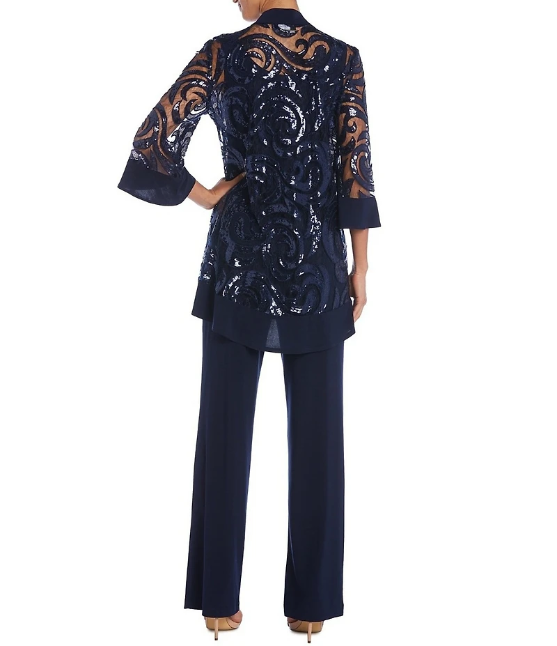 R & M Richards Swirl Sequin Scoop Neck 3/4 Sleeve Jacket 3-Piece Set